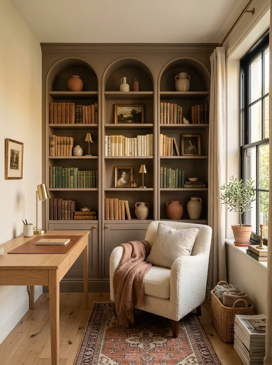 Library With Arched Shelving and Soft Architectural Curves