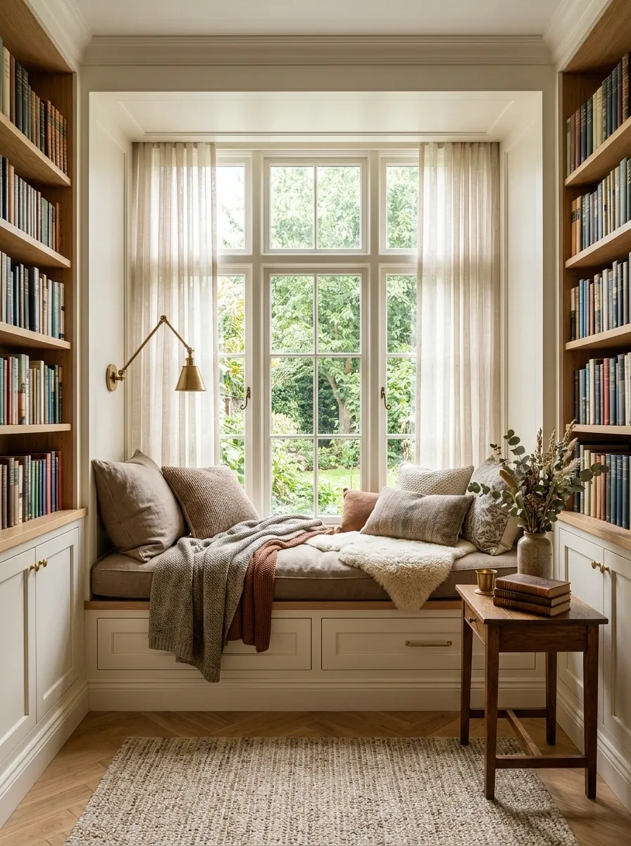 Library With Built-In Window Seat and Vertical Bookcases