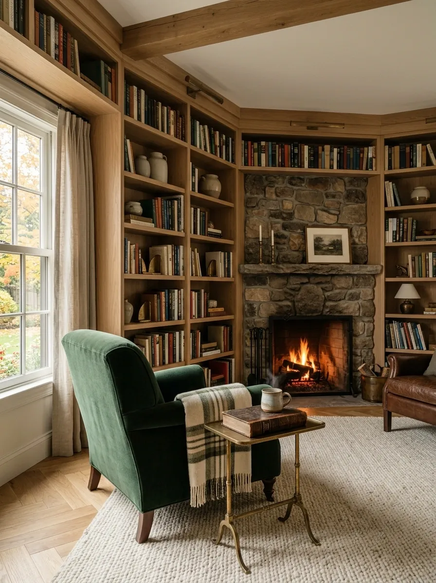 Library Wrapped Around a Corner Fireplace