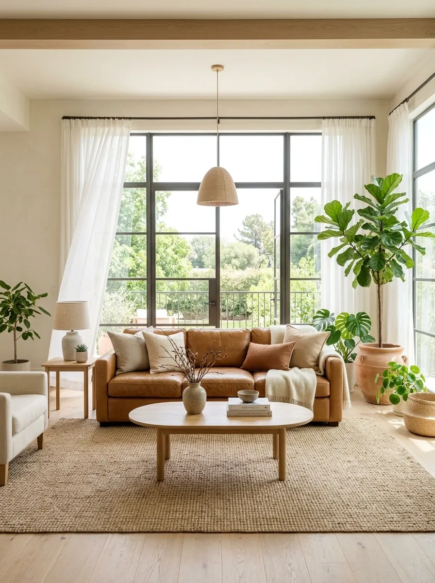 Light-Filled Living Room With a Caramel Sofa and Greenery