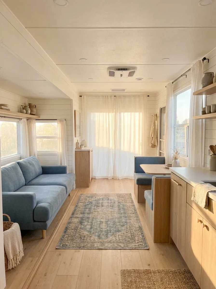 Light-Filled RV With Soft Blue and Natural Linen