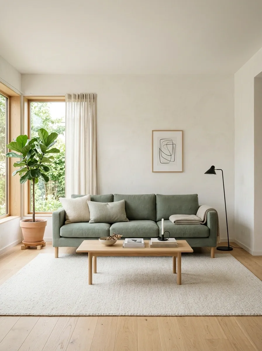 Light-Filled Scandinavian Living Room With a Muted Green Sofa