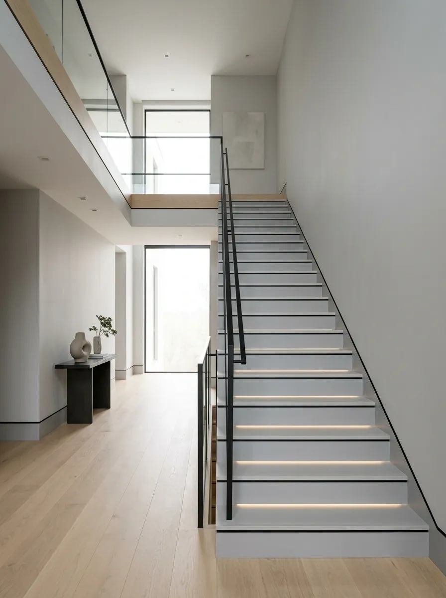 Light Gray Staircase With Black Trim in a Contemporary Home