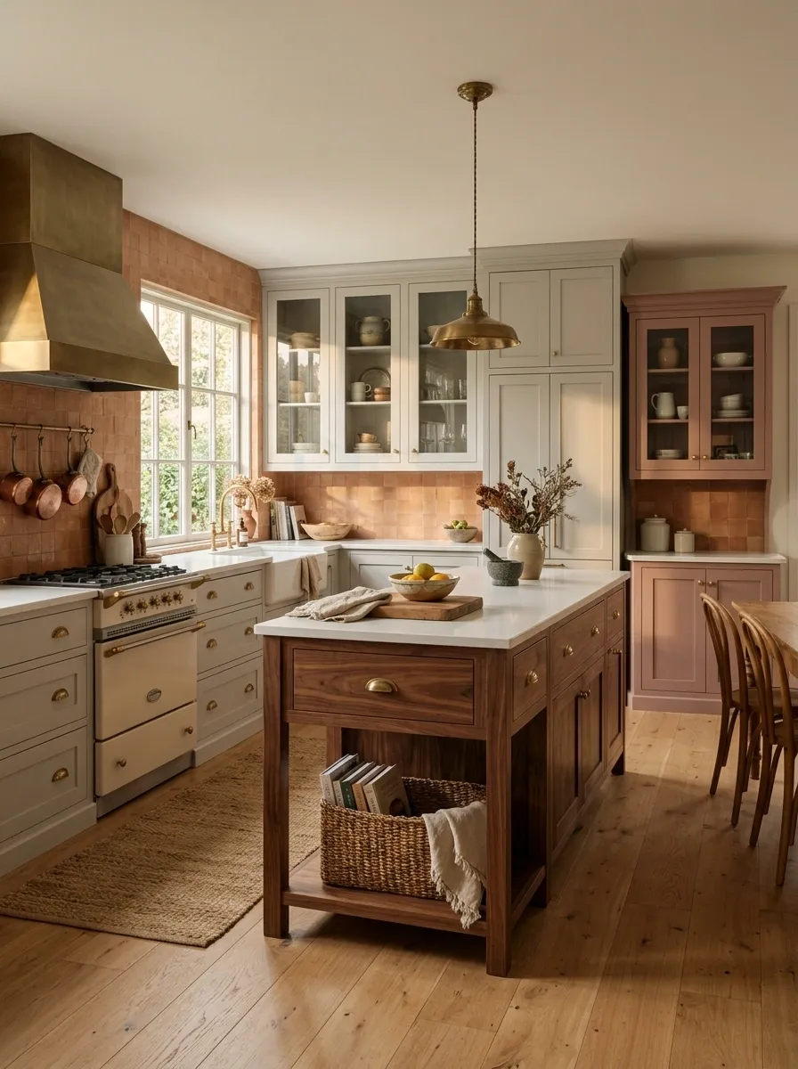 Light Gray, Walnut, and Dusty Rose Kitchen With Vintage Character