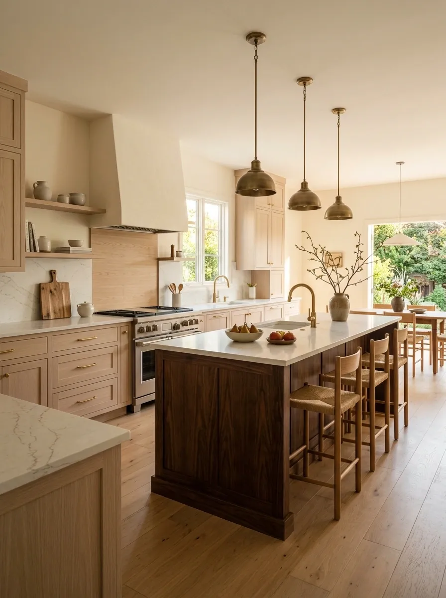 Light Oak Kitchen With a Dark Walnut Island
