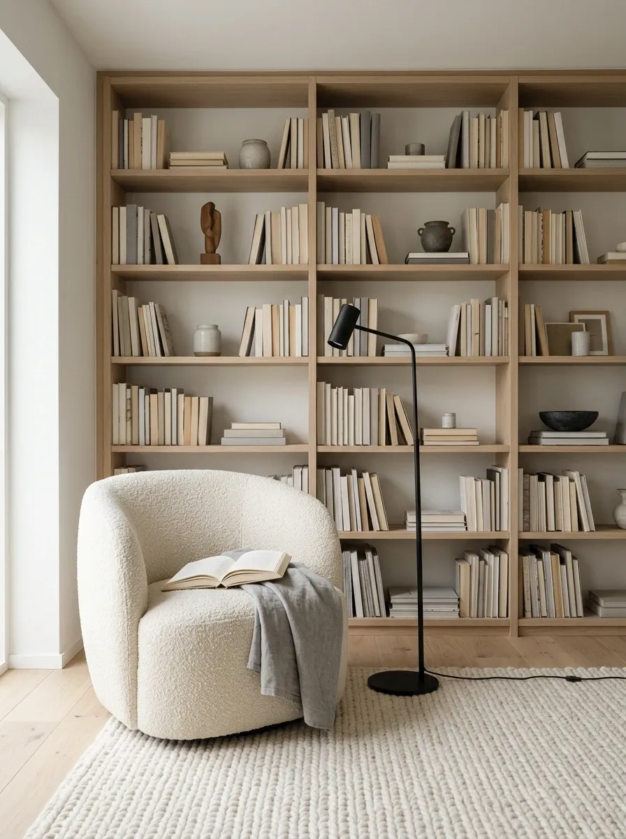 Light Oak Scandinavian Library With Bouclé Reading Chair