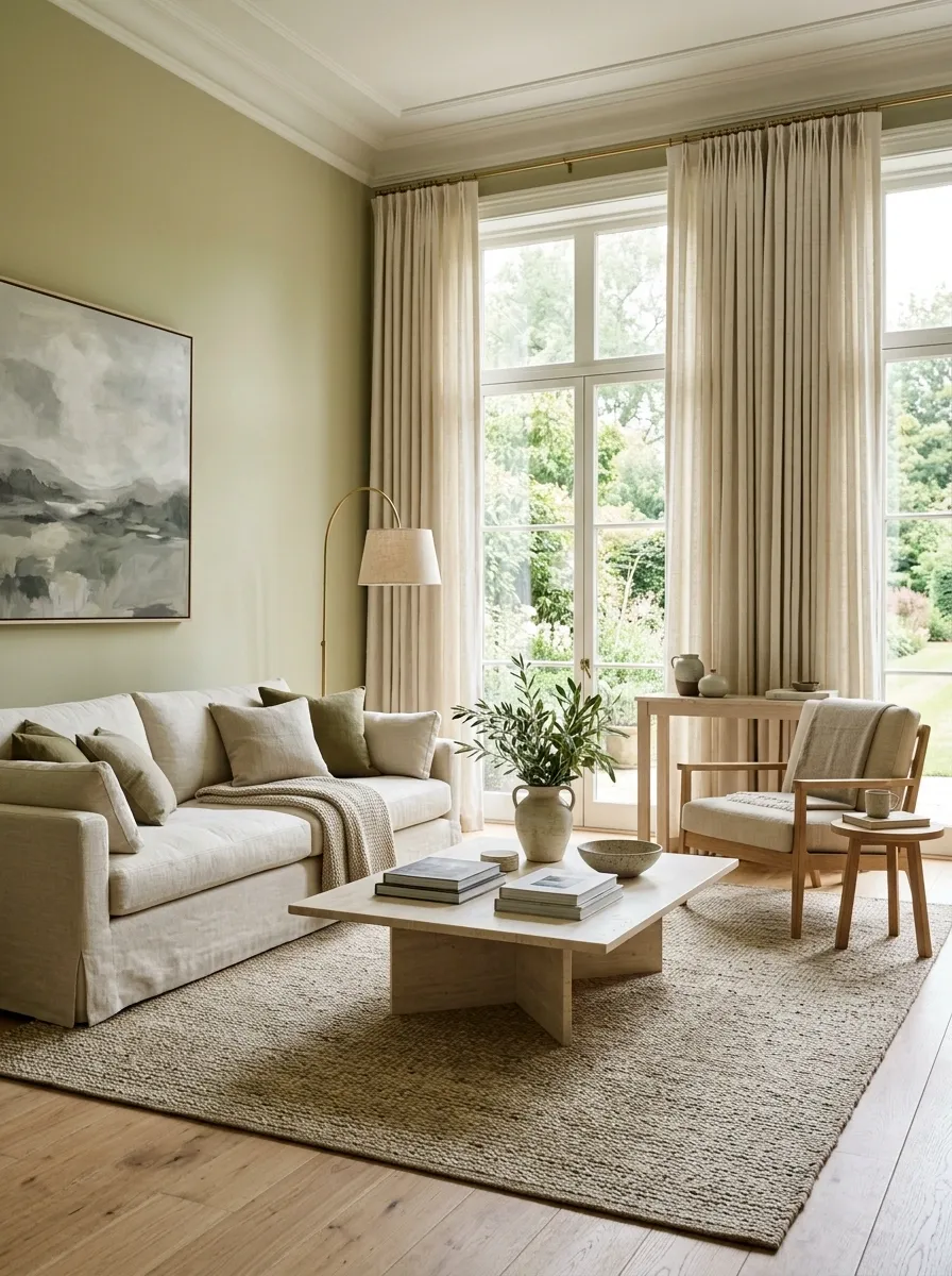 Light Olive Living Room With Cream Curtains and Pale Stone