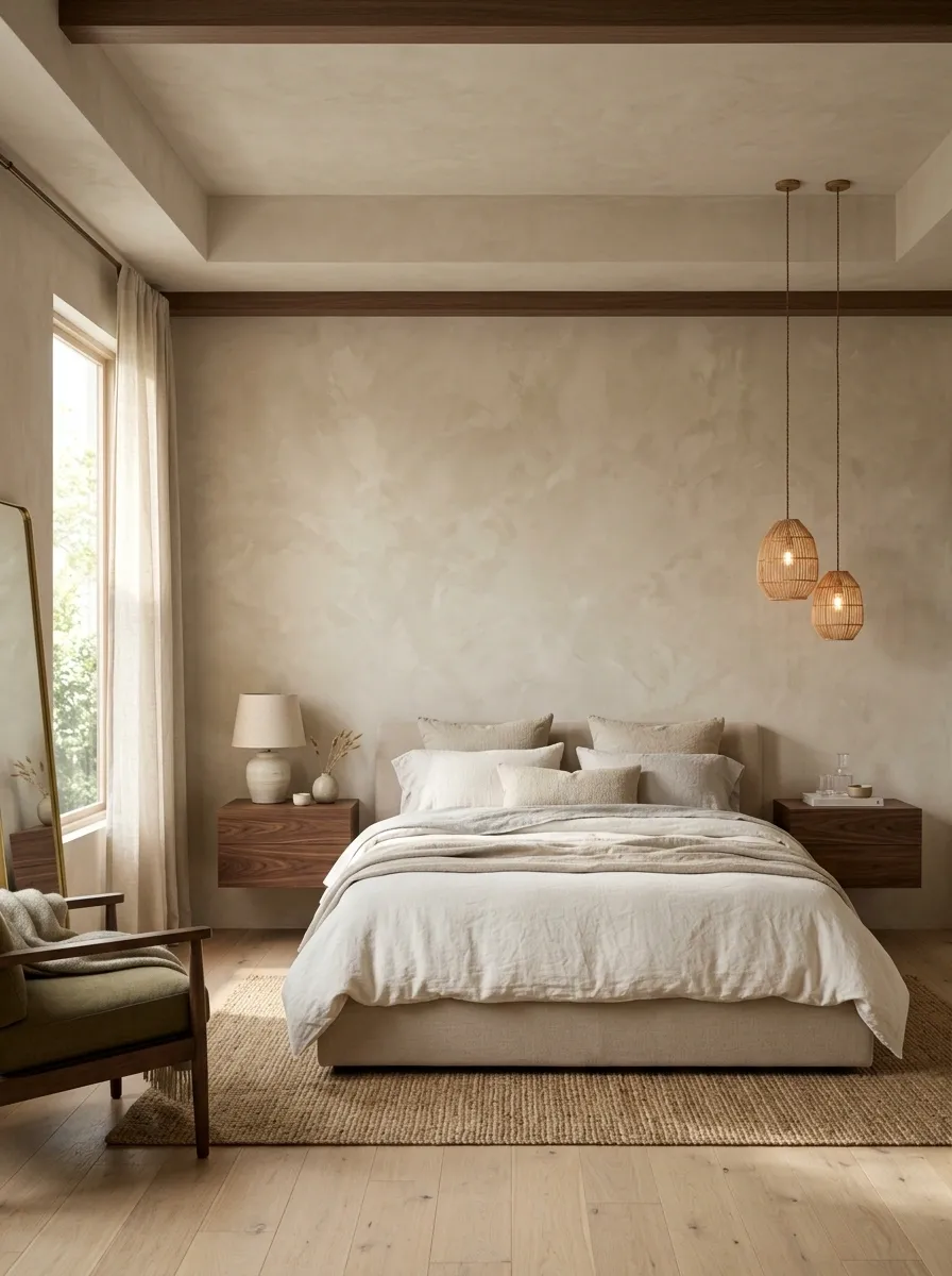 Limewashed Plaster Wall With Floating Walnut Nightstands
