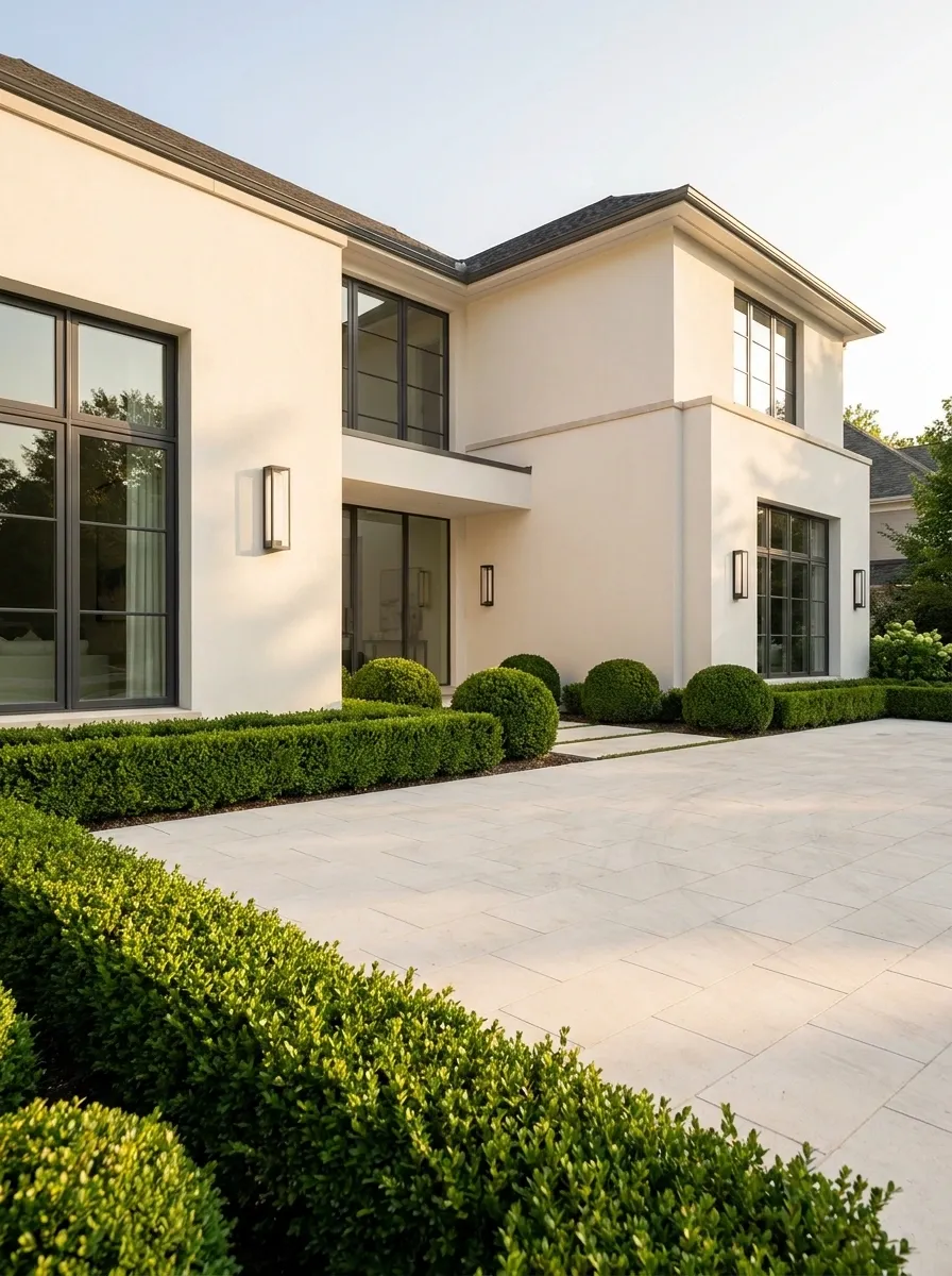 Linear Boxwood Border With a Clean Paved Drive