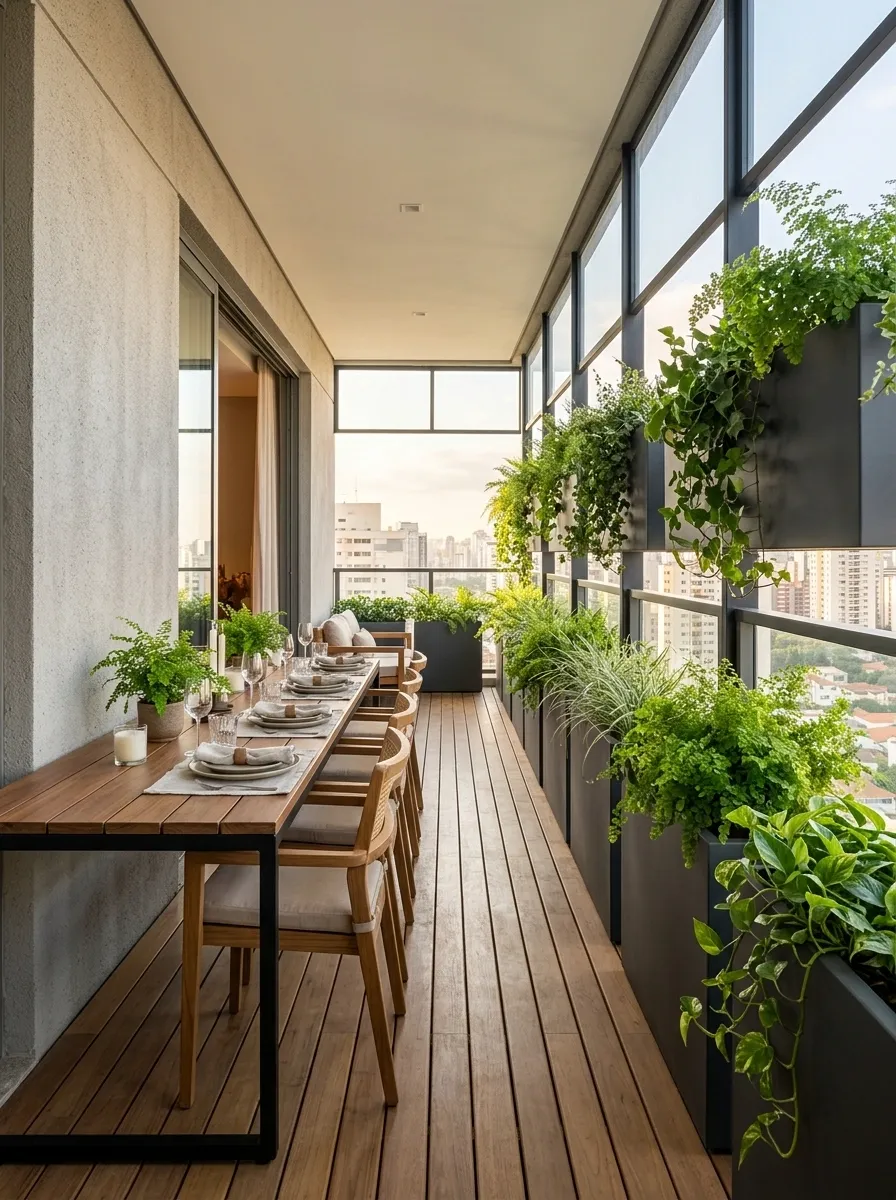 Long Balcony Dining Garden With Repeated Planters Along the Edge