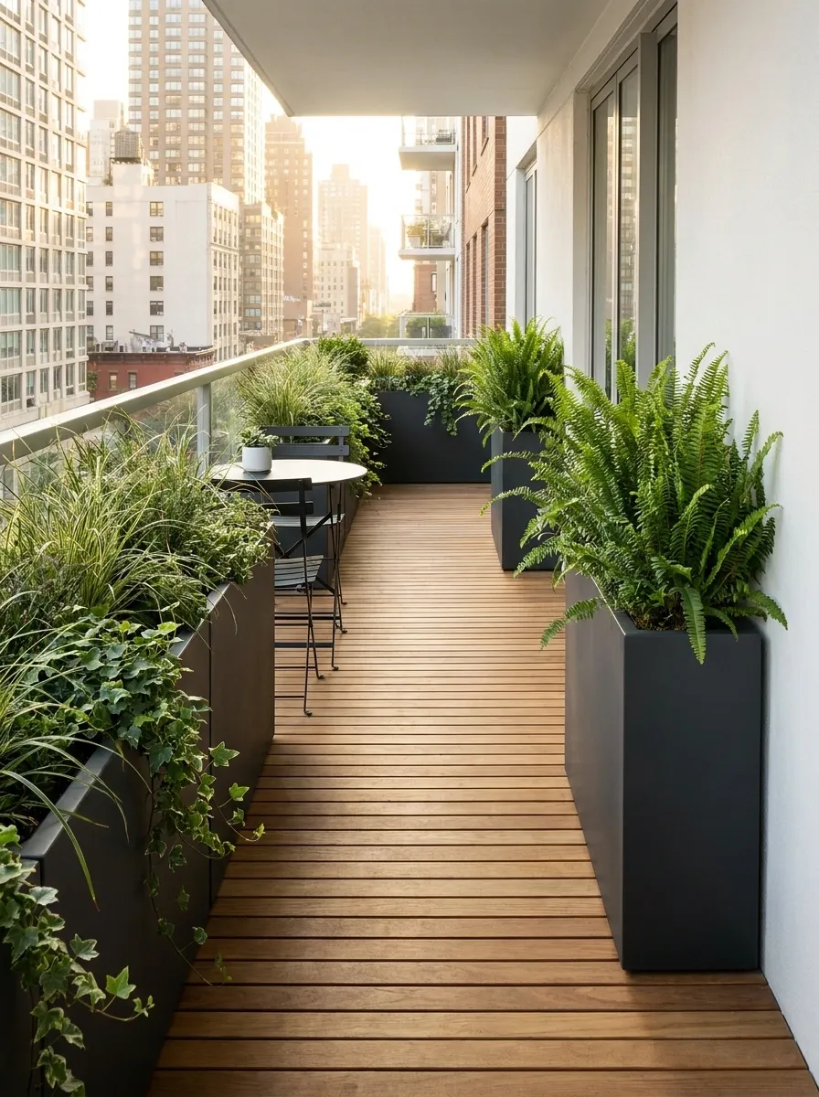 Long Balcony With Repeated Rectangular Planters as a Green Border