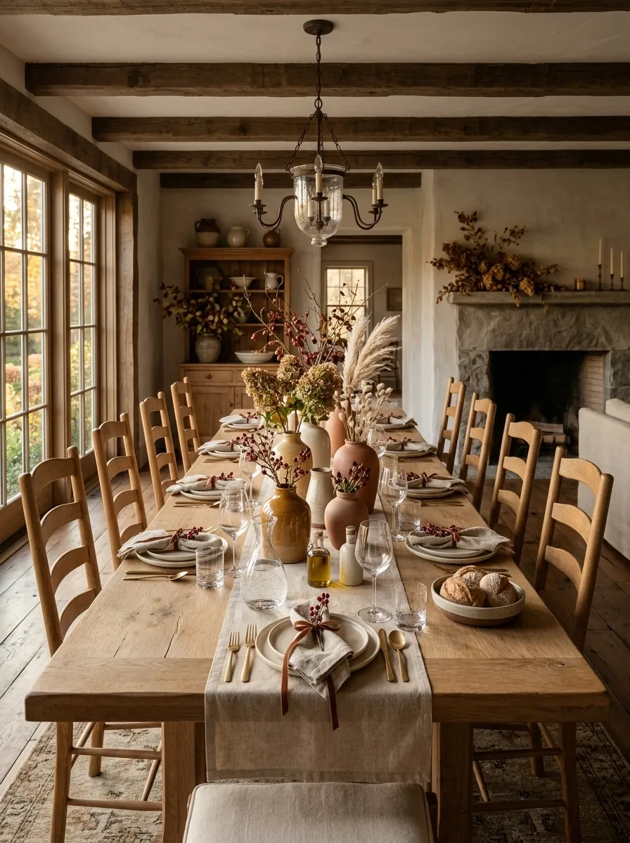 Long Farm Table With Repeated Miniature Centerpieces