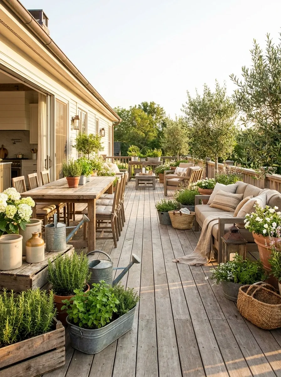 Long Farmhouse Deck With Mixed Galvanized Planters and Herb-Filled Containers
