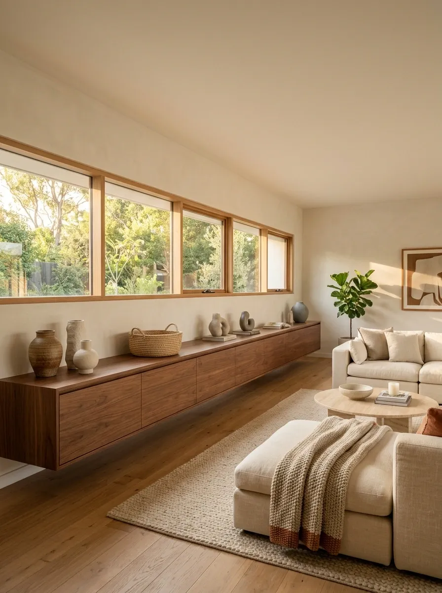 Long Floating Cabinet Beneath a Row of Low Windows