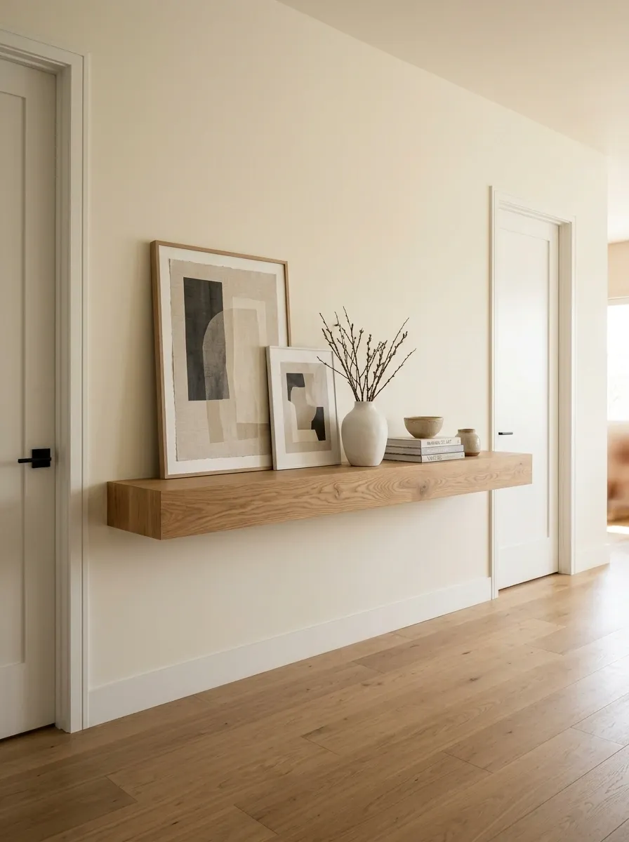 Long Floating Shelf With Layered Art and Ceramics