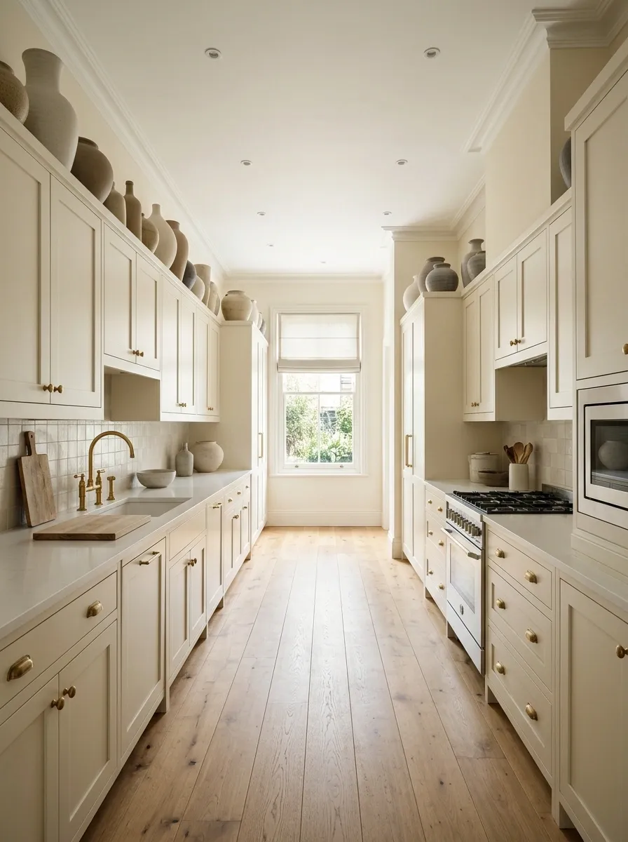 Long Galley Kitchen With Repeated Ceramic Forms