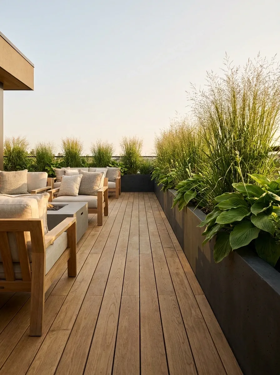 Long Narrow Deck With a Continuous Green Planter Border