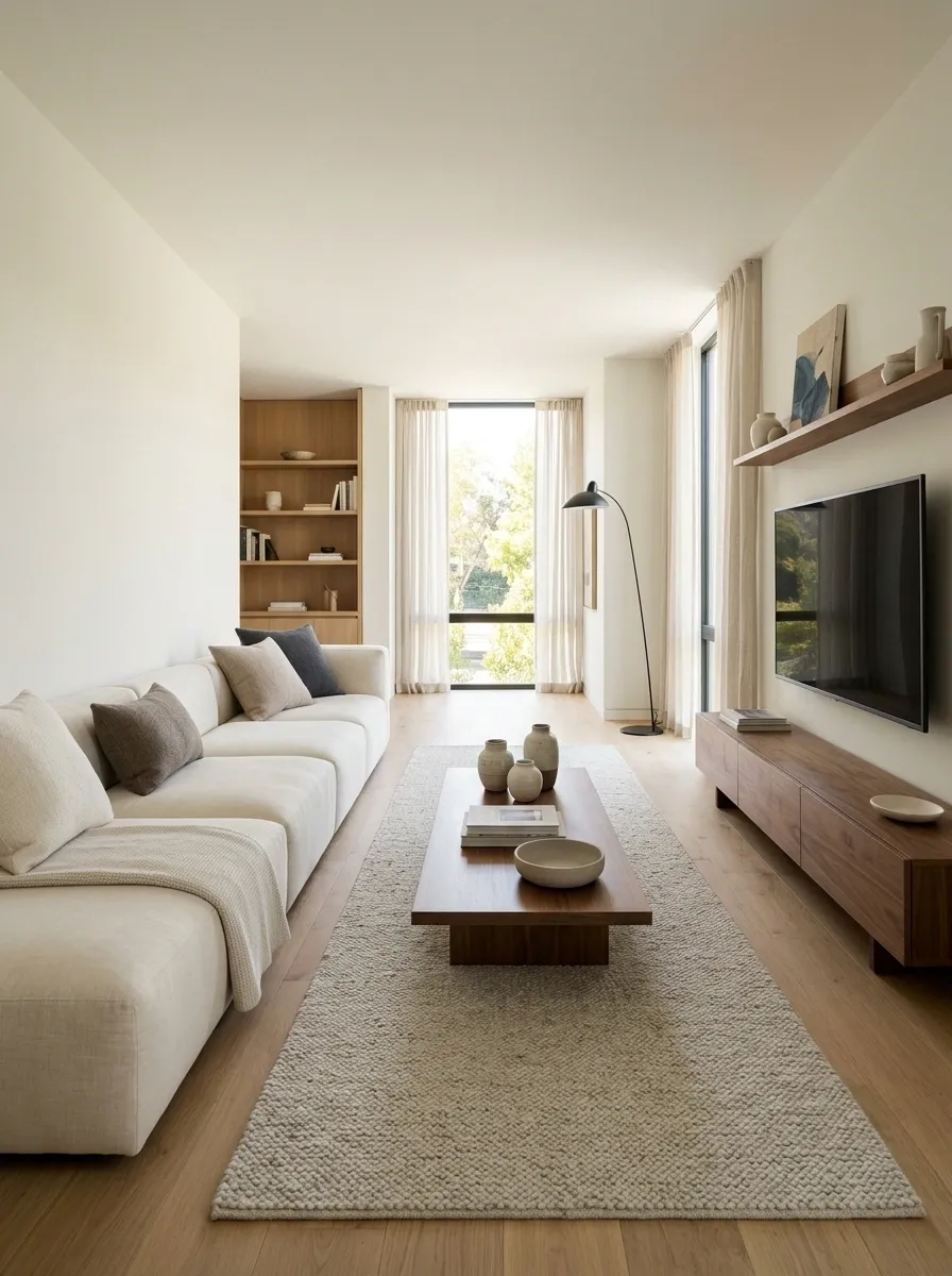 Long Narrow Living Room With Sectional Parallel to the TV Wall