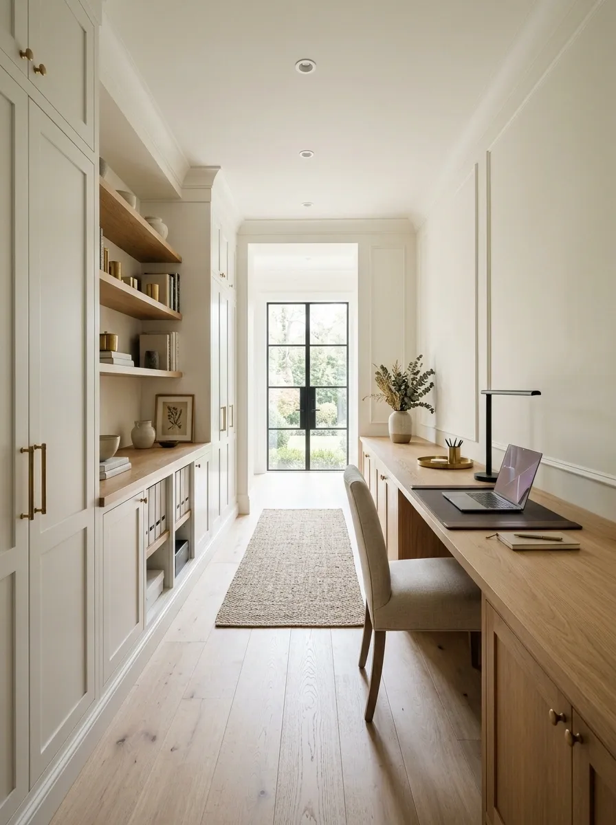 Long Narrow Office With Opposite Storage and Desk Walls