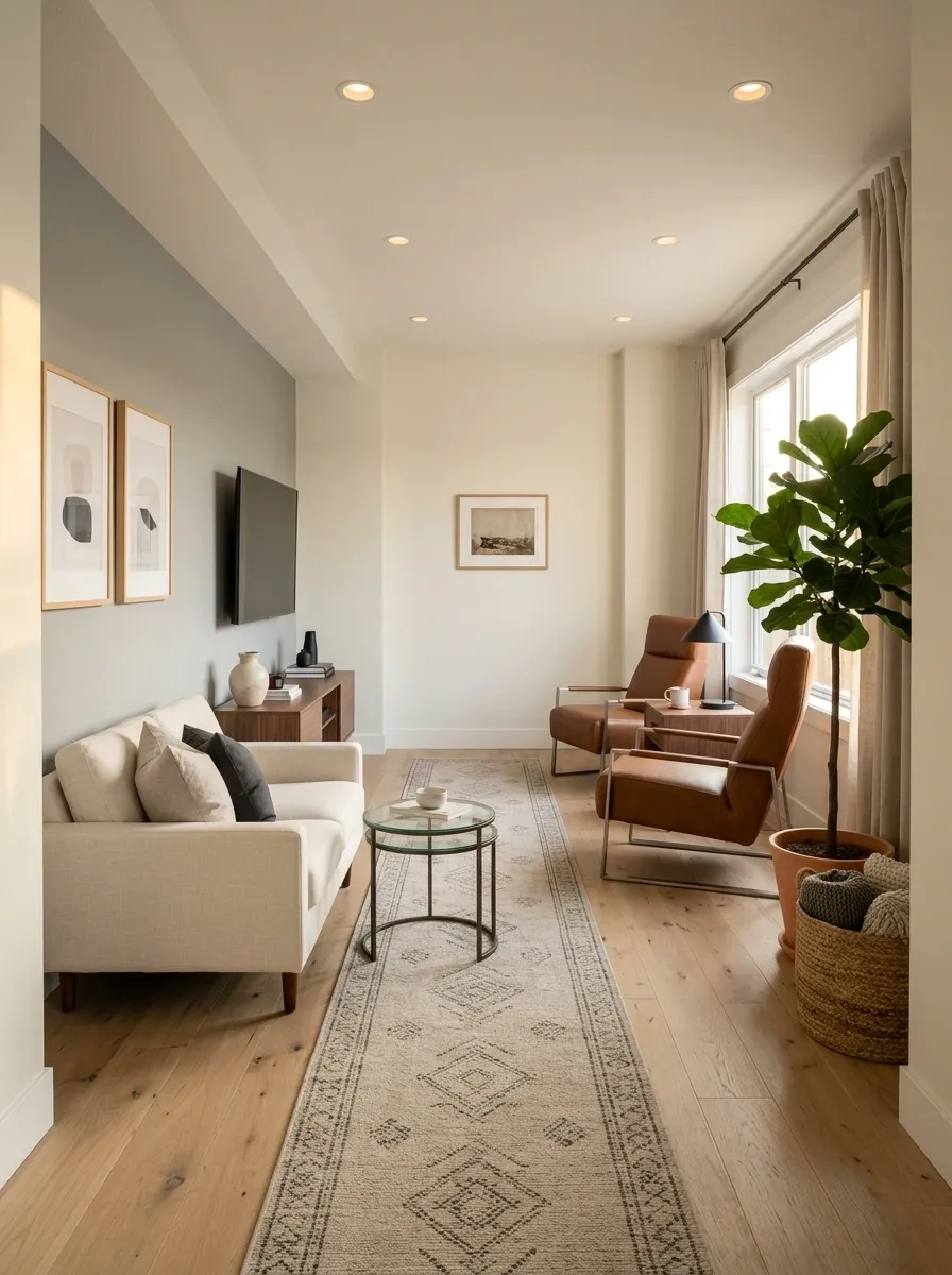 Long Narrow Room With Recliners Along the Short Wall