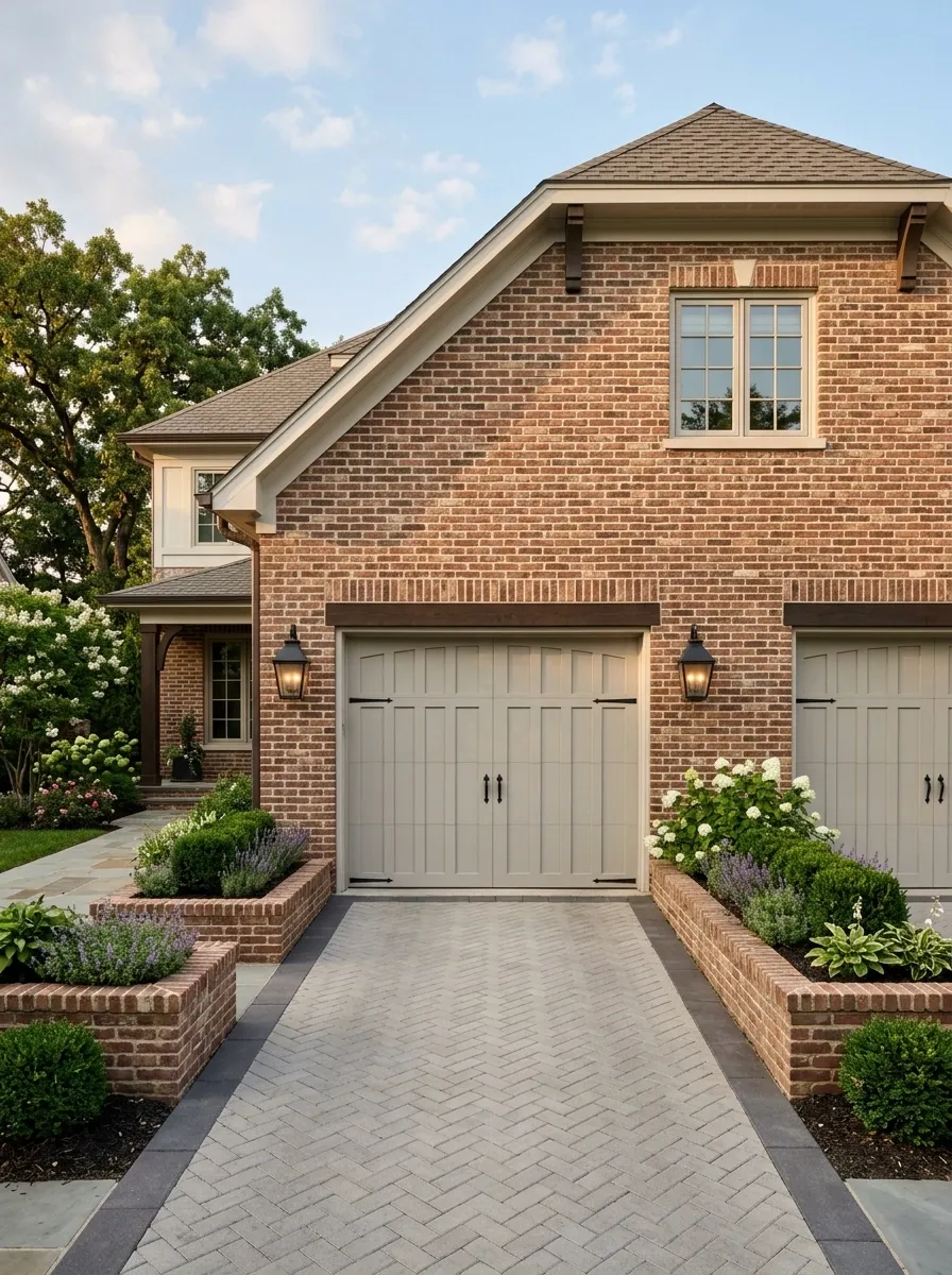 Low Brick Planter Beds Built Into a Traditional Garage Front