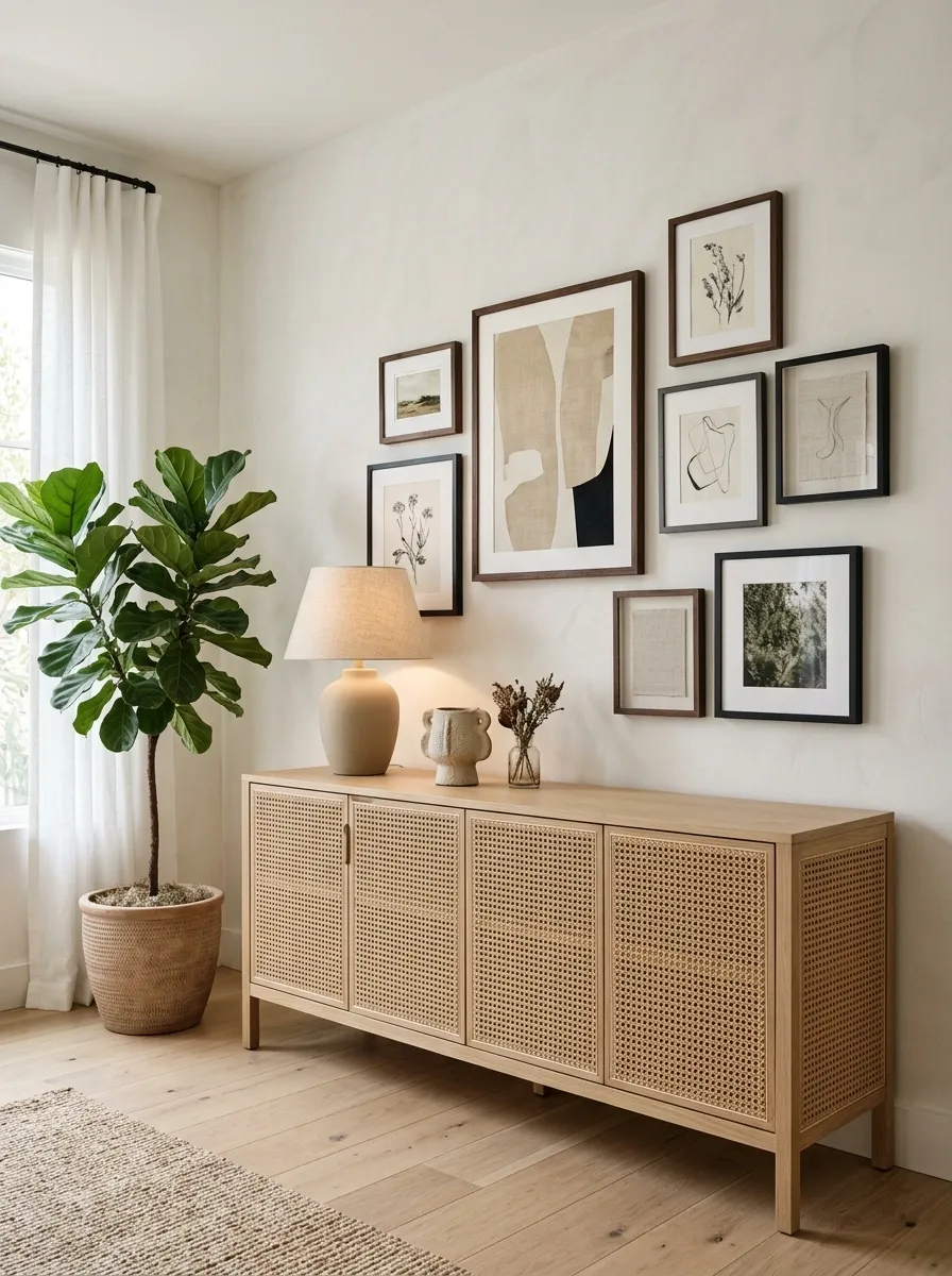 Low Cane Cabinet With Layered Wall Art