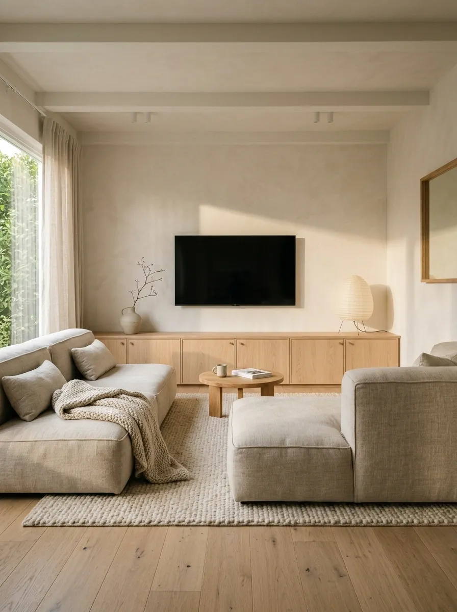 Low Japandi Living Room With a Quiet TV Wall