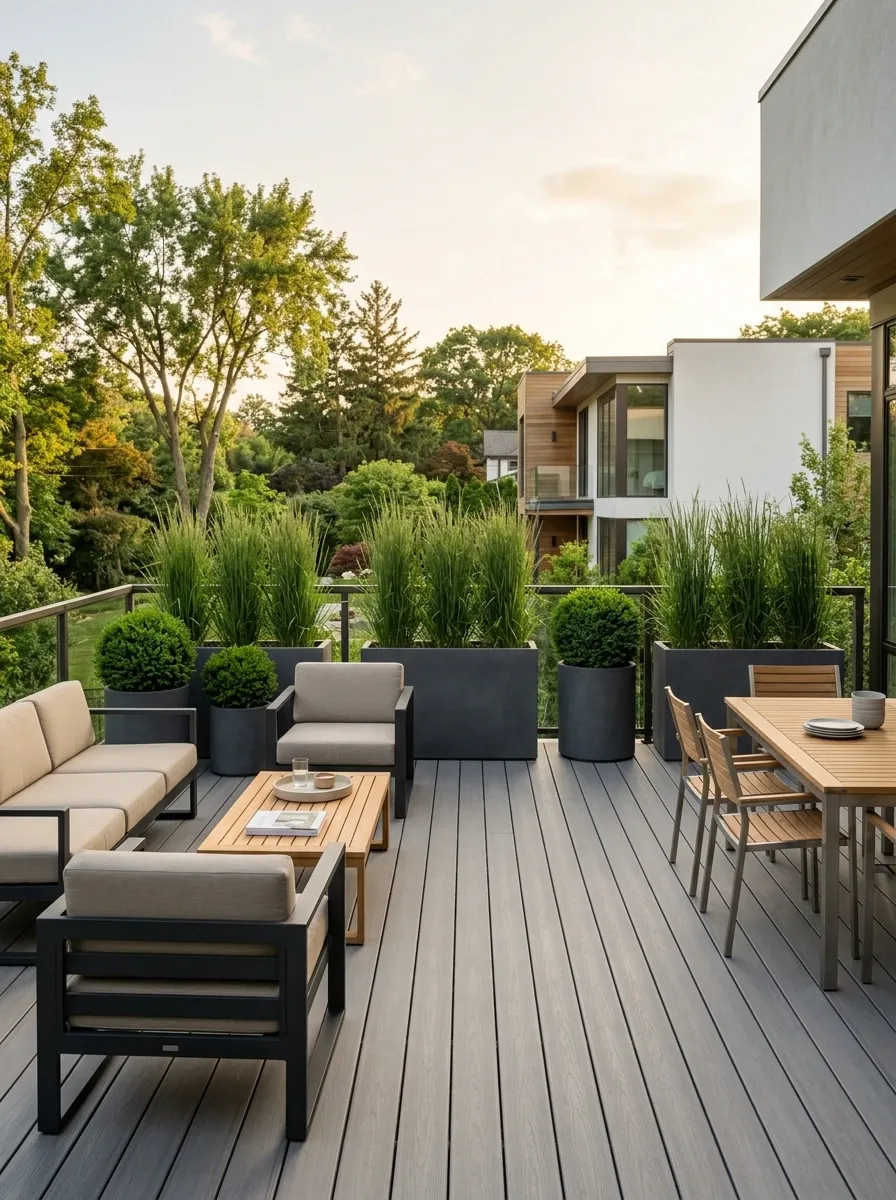 Low-Maintenance Contemporary Deck With Structured Planters and Simple Greenery