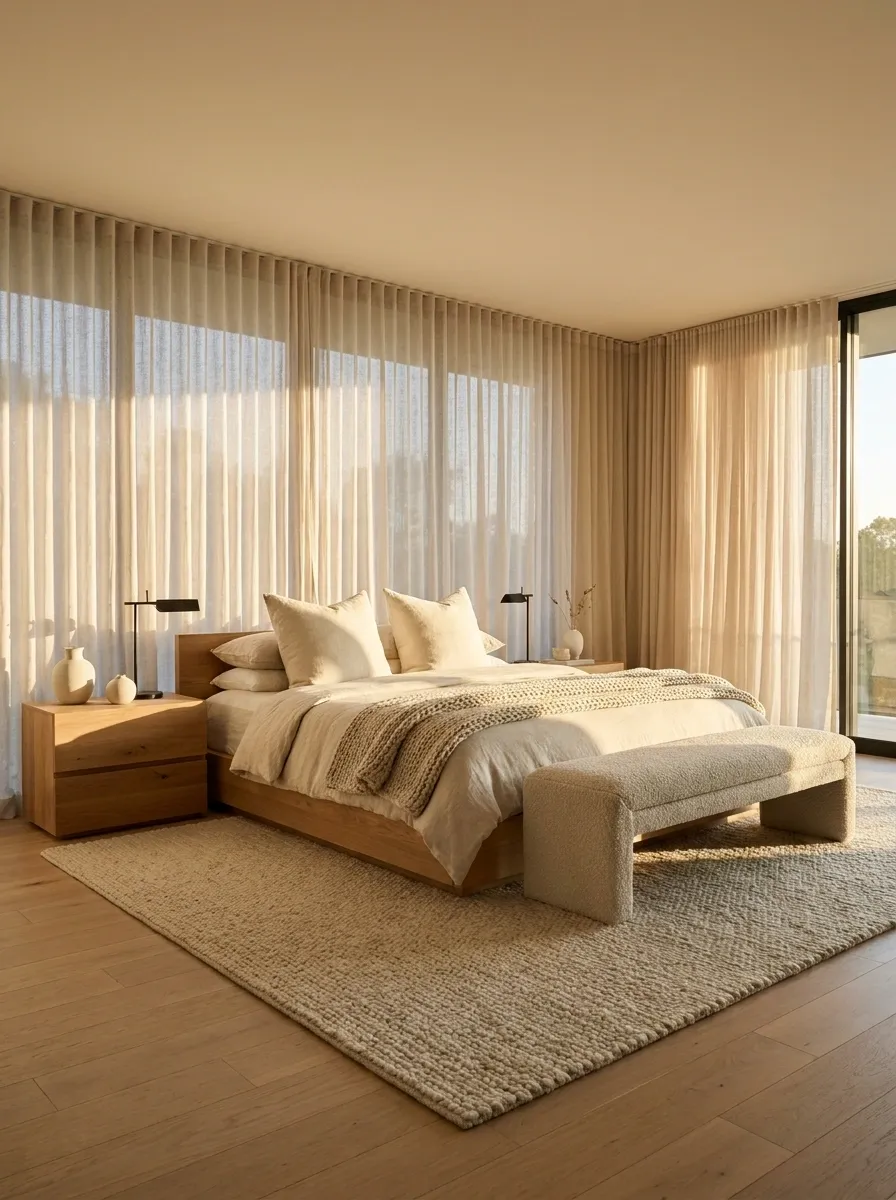 Low Platform Bed Surrounded by Oversized Soft Furnishings