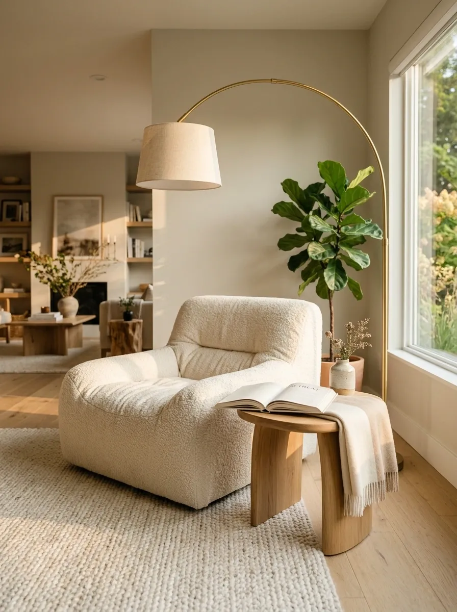 Low Reading Chair With Floor Lamp and Curved Side Table