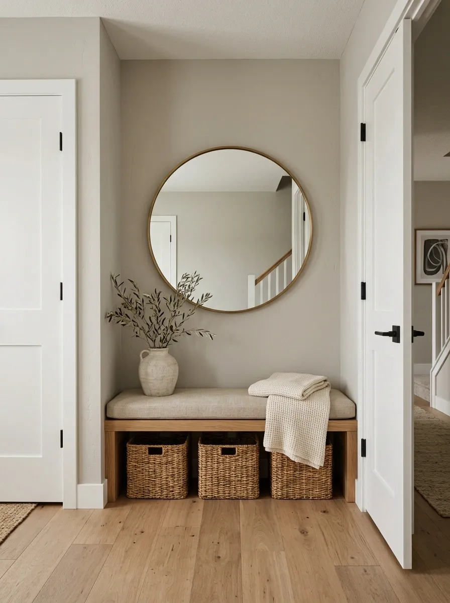 Low Storage Bench With a Large Round Mirror