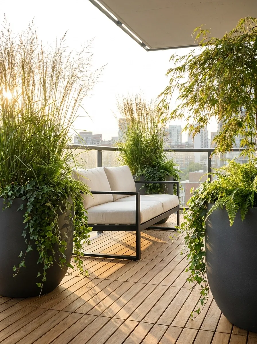 Lush Green Balcony Framed by Tall Corner Planters