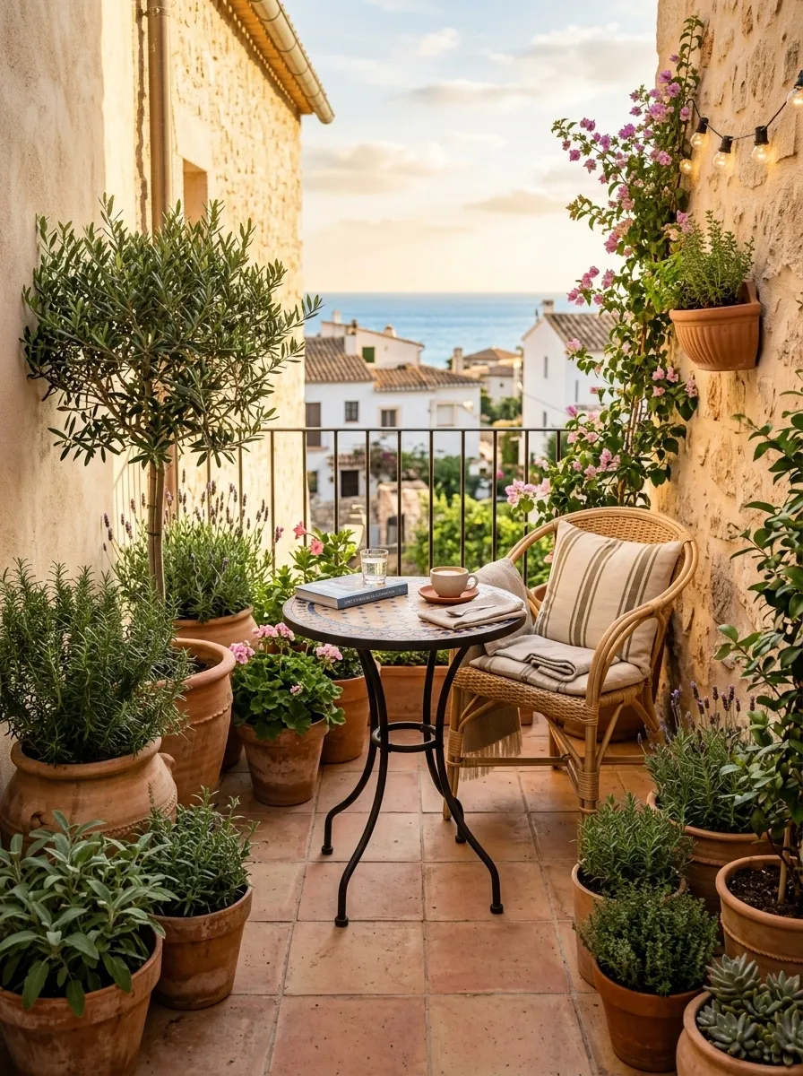 Lush Mediterranean Balcony With Terracotta Pots and a Bistro Table