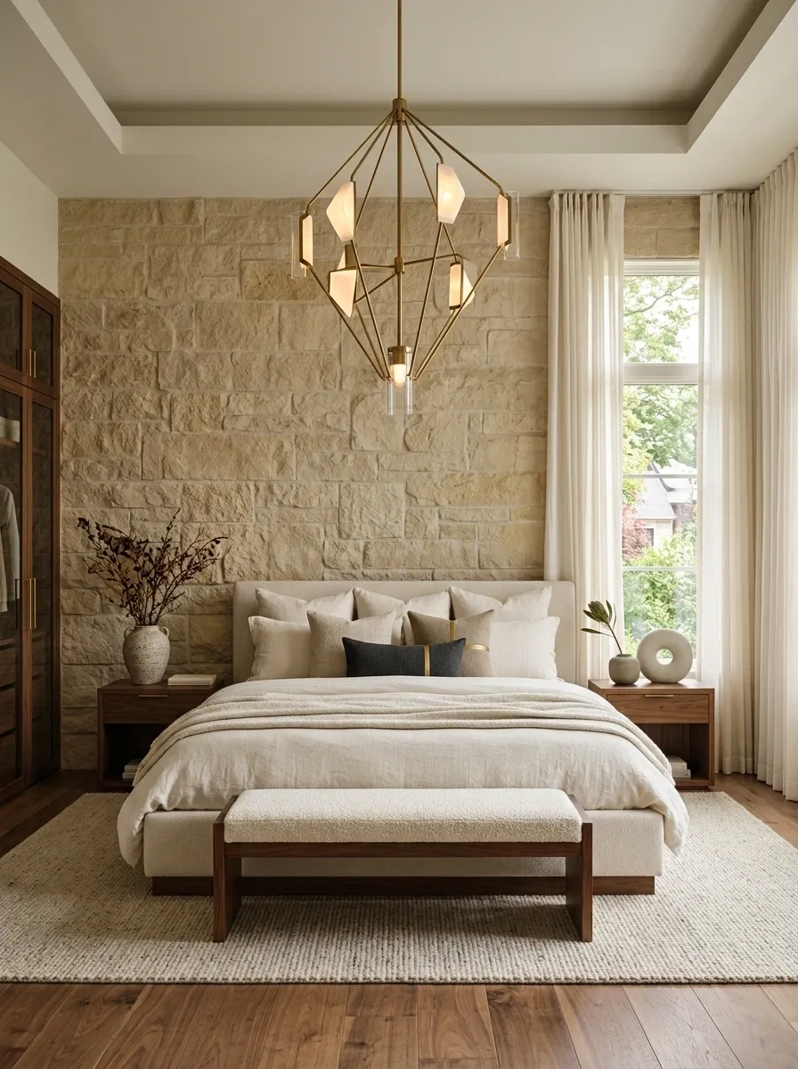 Luxe Bedroom With an Off-Center Window and Sculptural Lighting