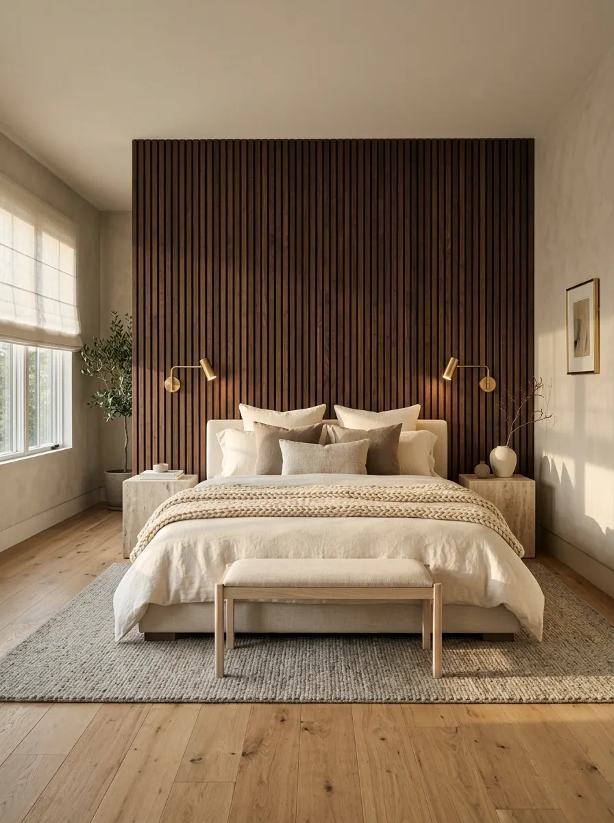 Luxe Bedroom With Smoked Walnut and Light Oak