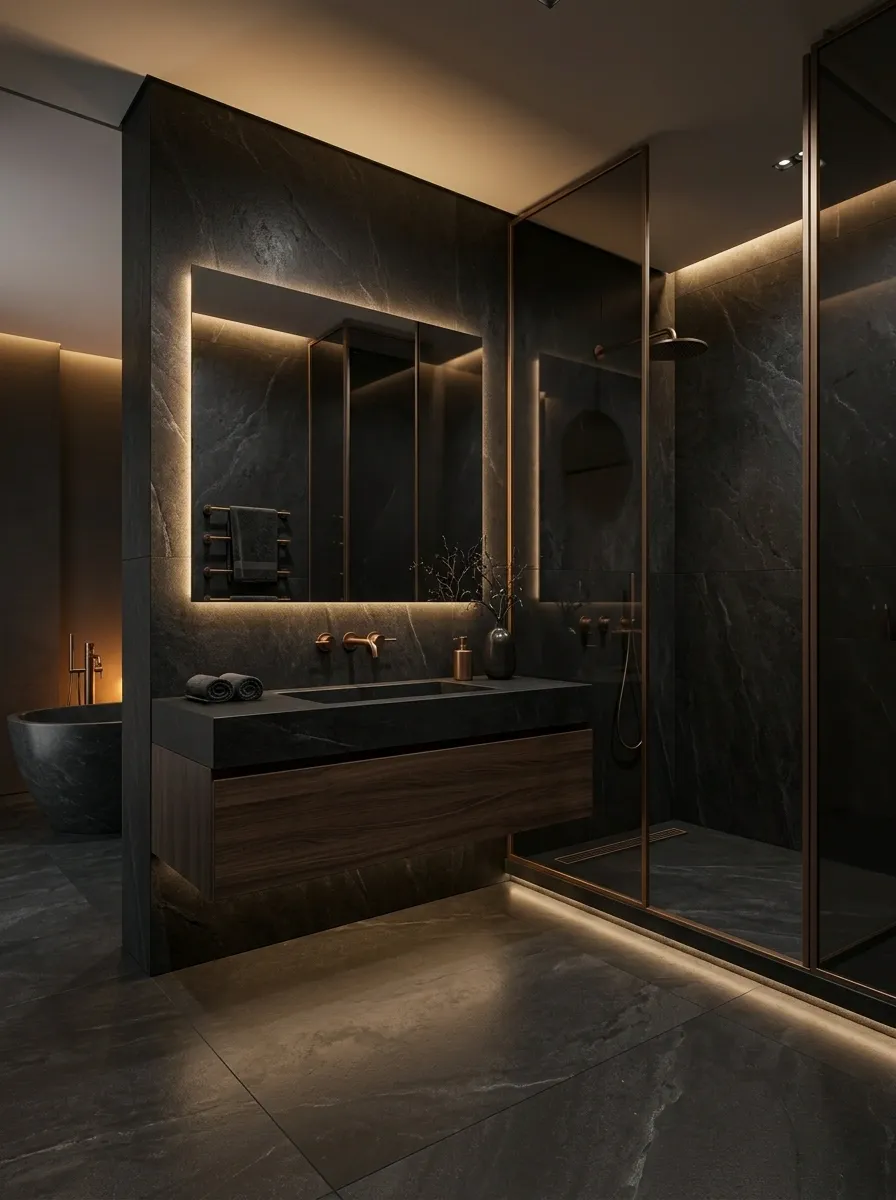 Luxe Black Stone Bathroom With Bronze Lighting