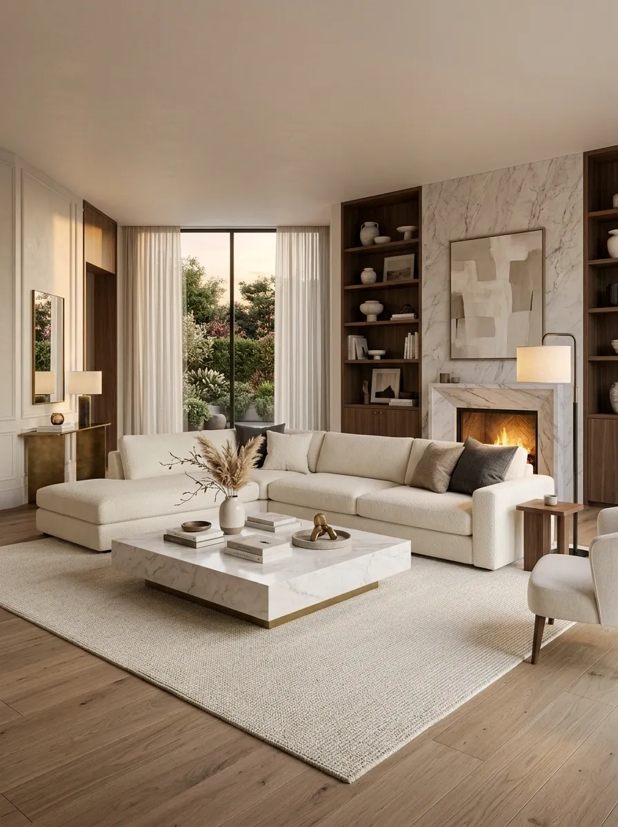 Luxe Neutral Sectional With Marble, Walnut, and Soft Lighting