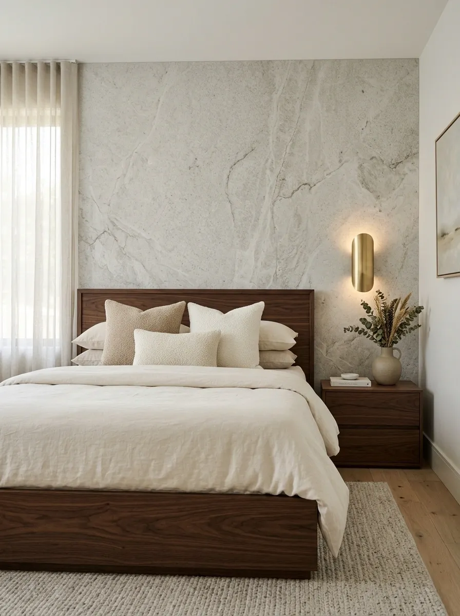 Luxe Small Bedroom With Stone, Walnut, and Cream