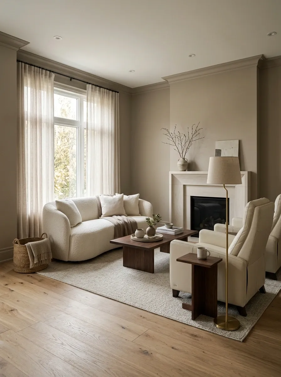 Luxe Small Living Room With Cream Recliners and Dark Wood