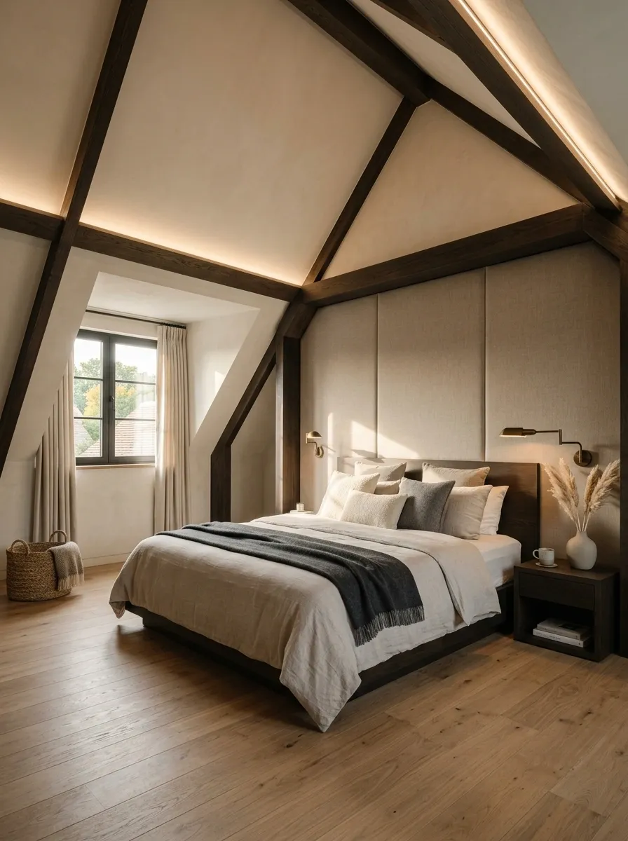 Luxurious Attic Bedroom With Upholstered Walls and Limestone Accents