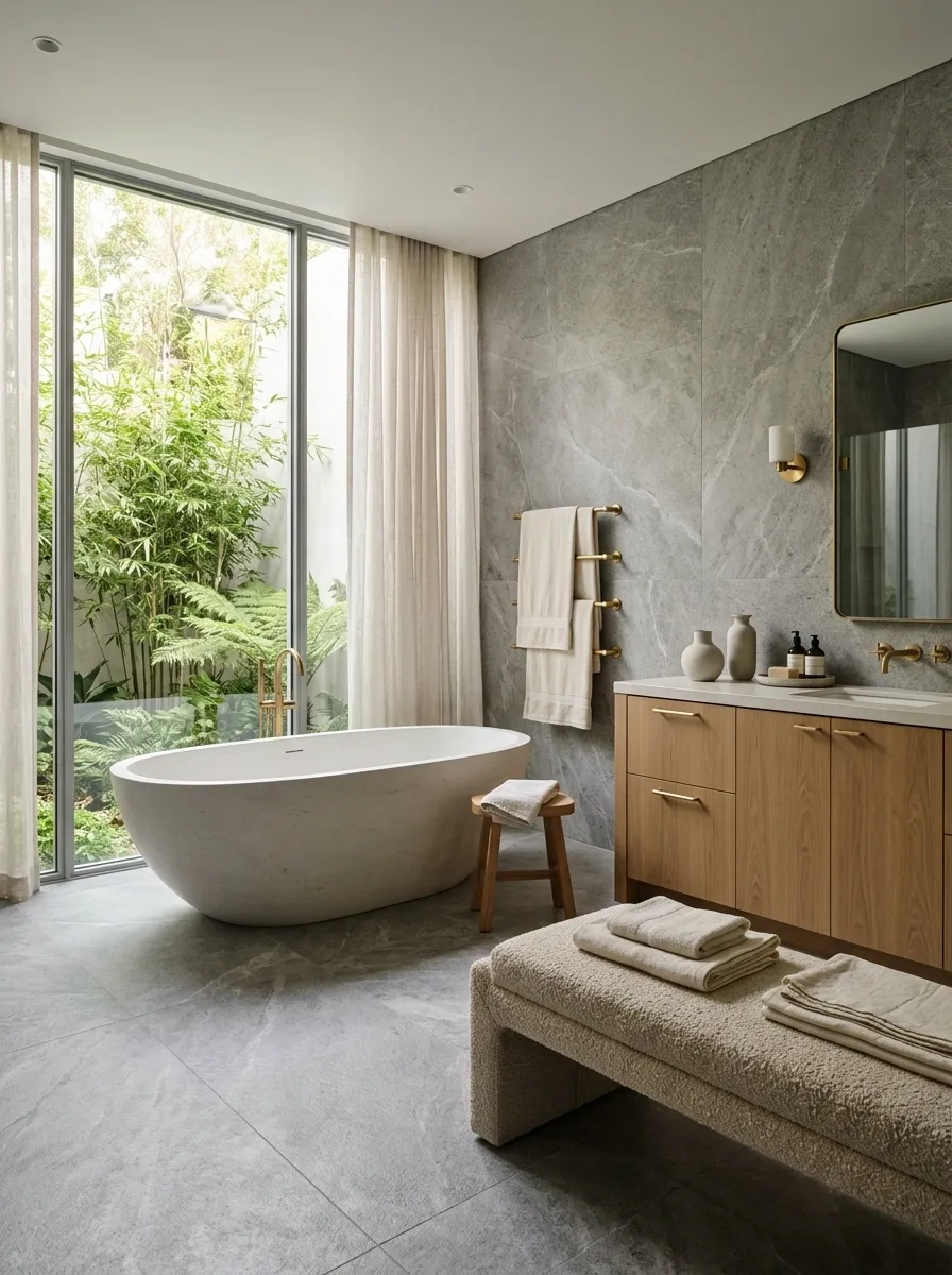 Luxury Grey Stone Bathroom With Beige Upholstered Details