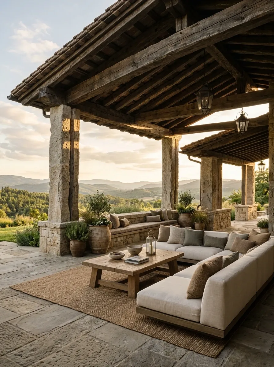 Luxury Stone Pergola With a Deep Overhanging Roof