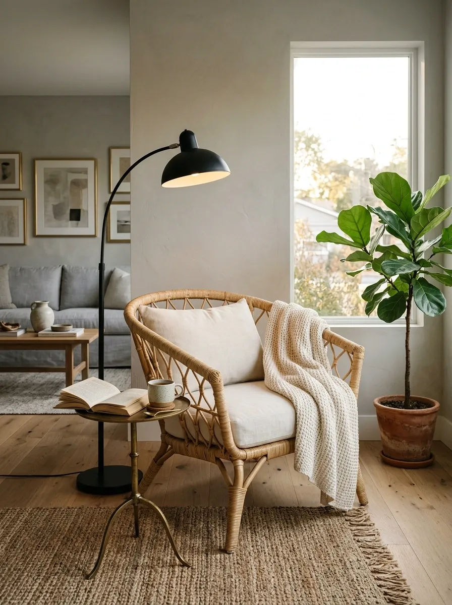 Make a Reading Corner With a Woven Chair and Lamp