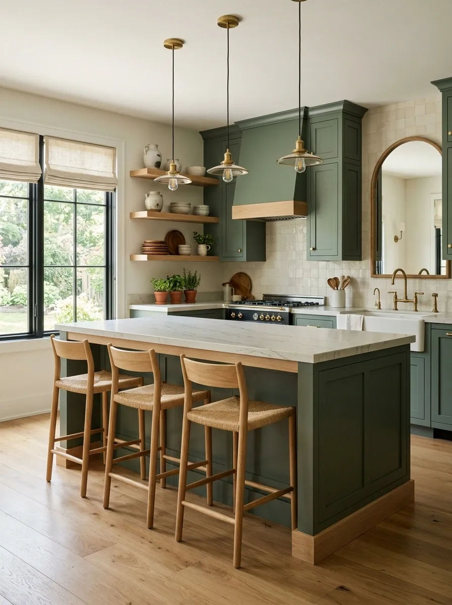 Make an All-Green Kitchen Work by Repeating One Supporting Material