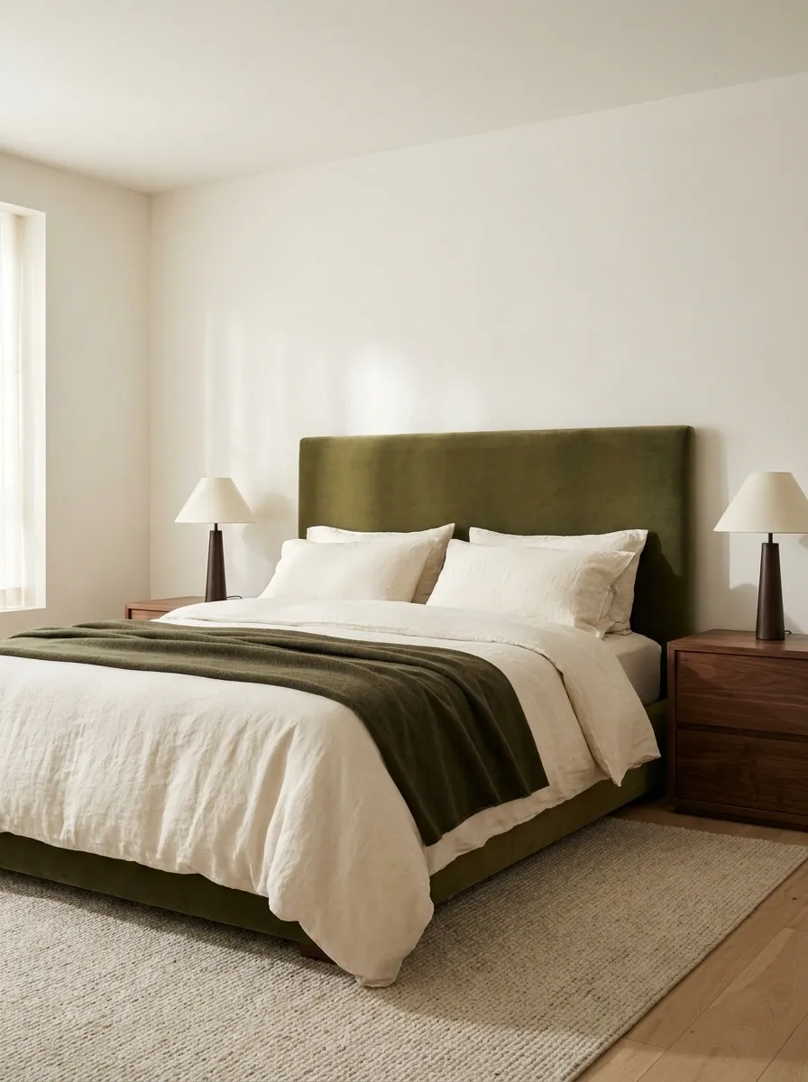 Make an Olive Headboard the Main Event in a Neutral Bedroom