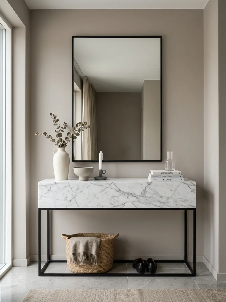 Marble-Top Console With Soft Taupe Walls and Black Framing