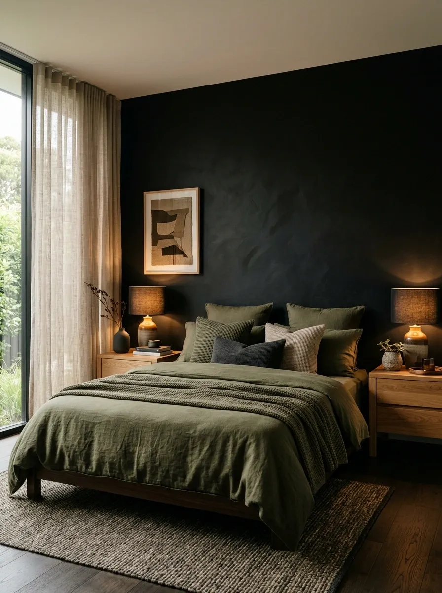 Matte Black Bedroom With Olive Green Textiles