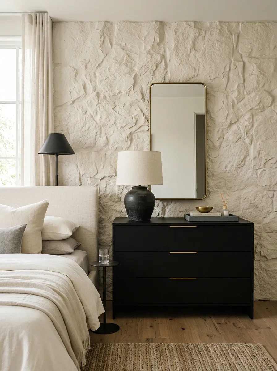 Matte Black Dresser With Cream Stone Wall and Slim Brass Mirror