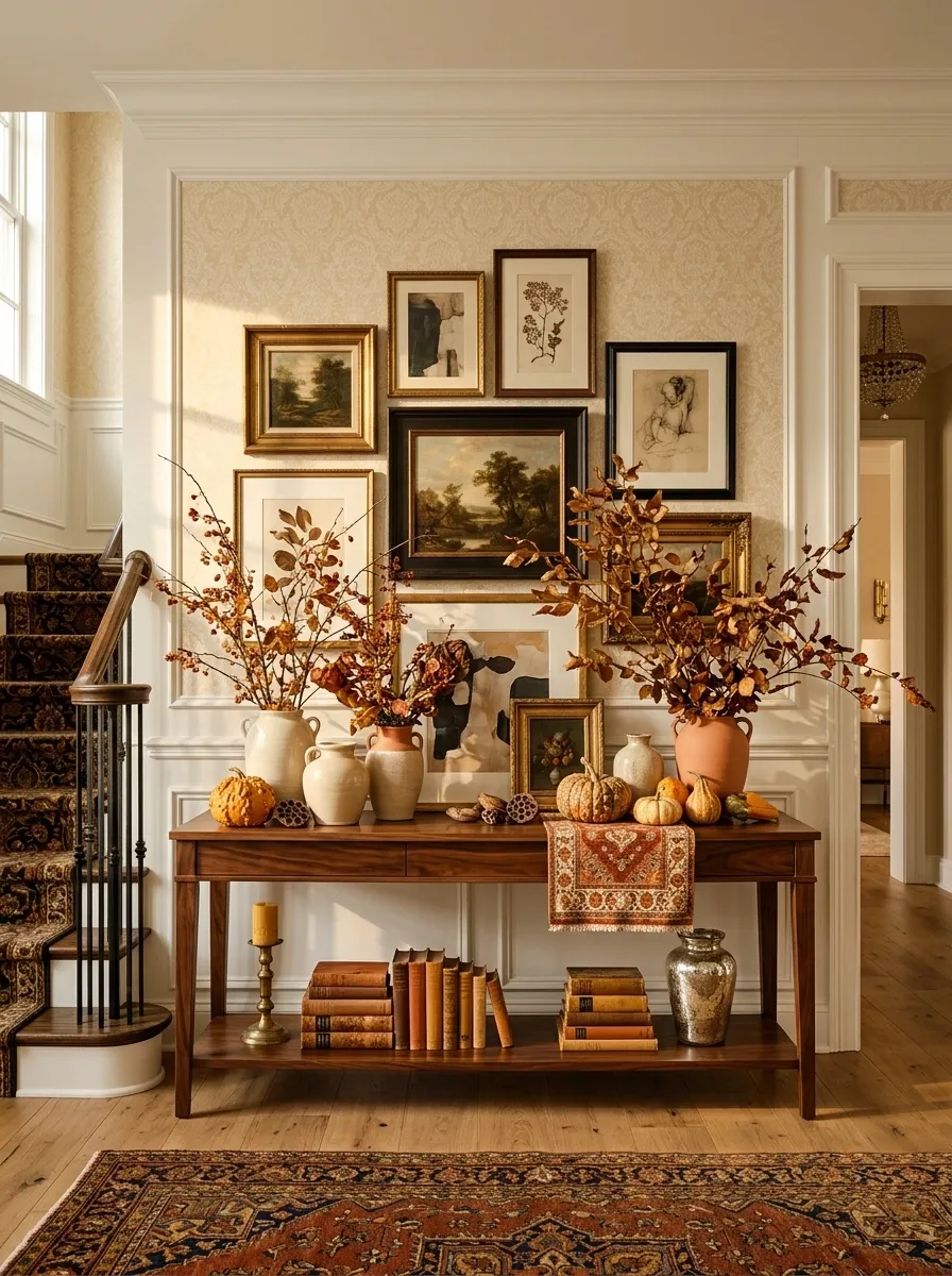 Maximalist Autumn Entry With Layered Art and Abundant Foliage