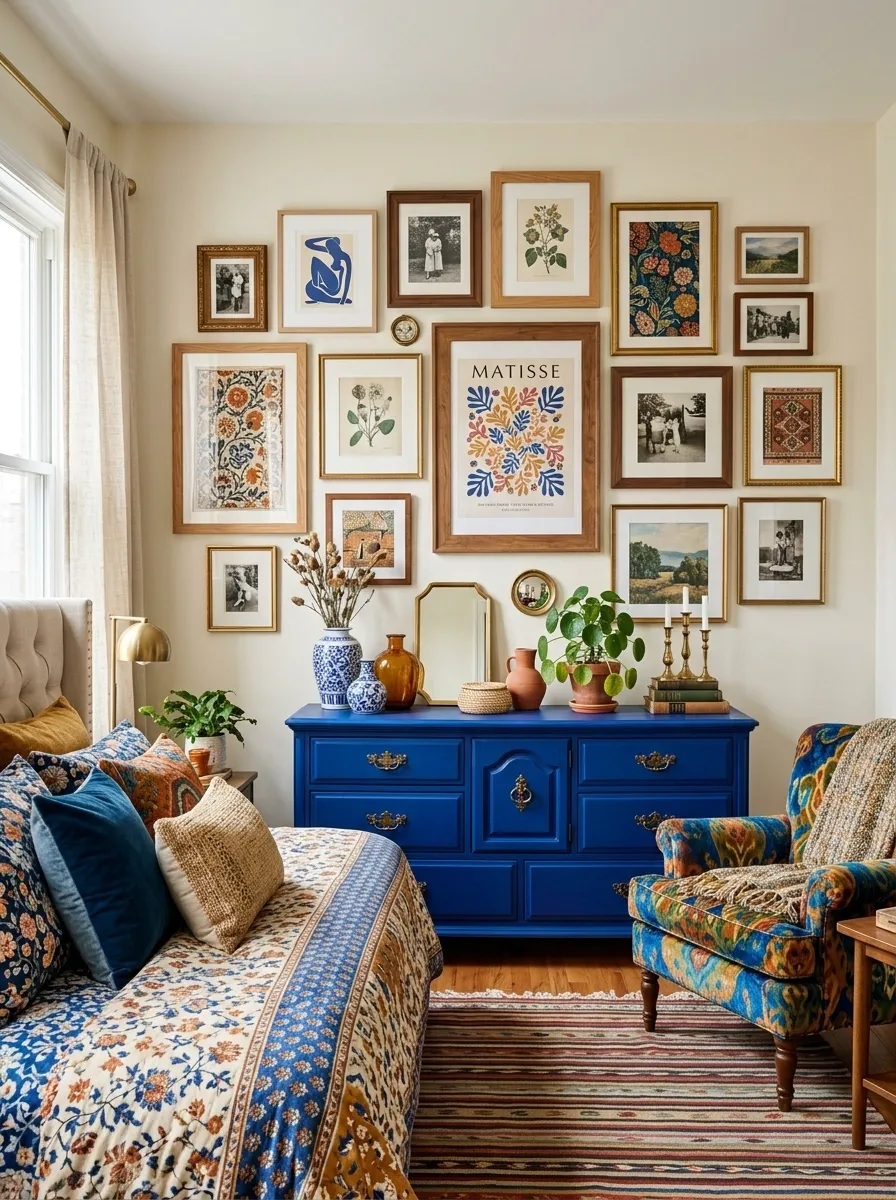 Maximalist Blue Dresser With Layered Prints and Patterned Bedding